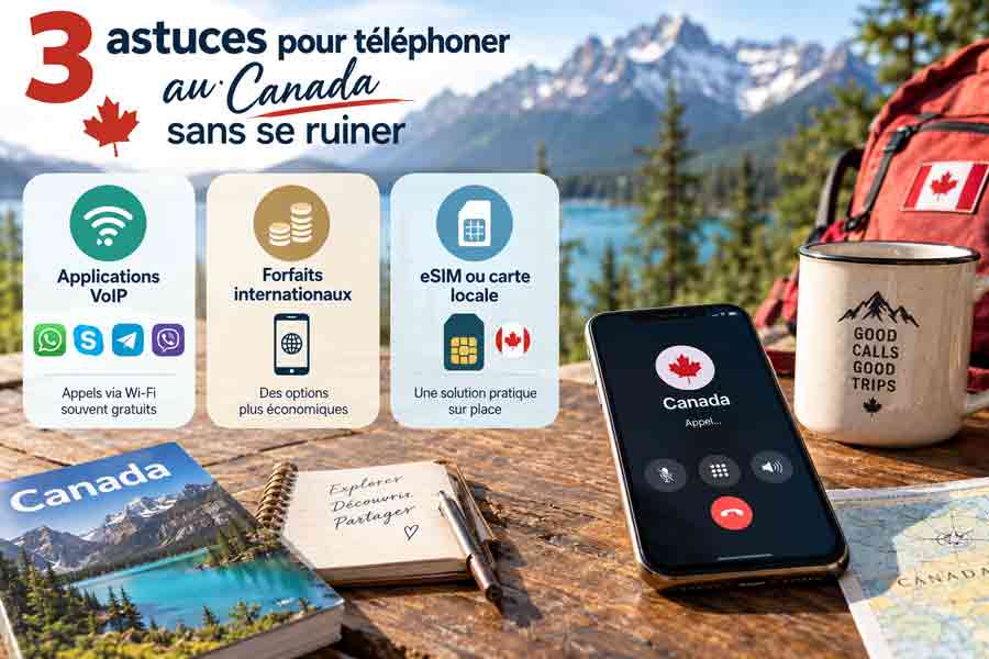 3 astuces pour appeler le Canada à moindre coût : applications VoIP, forfaits internationaux et eSIM, mises en scène sur une table en bois avec sac à dos et carnet de voyage