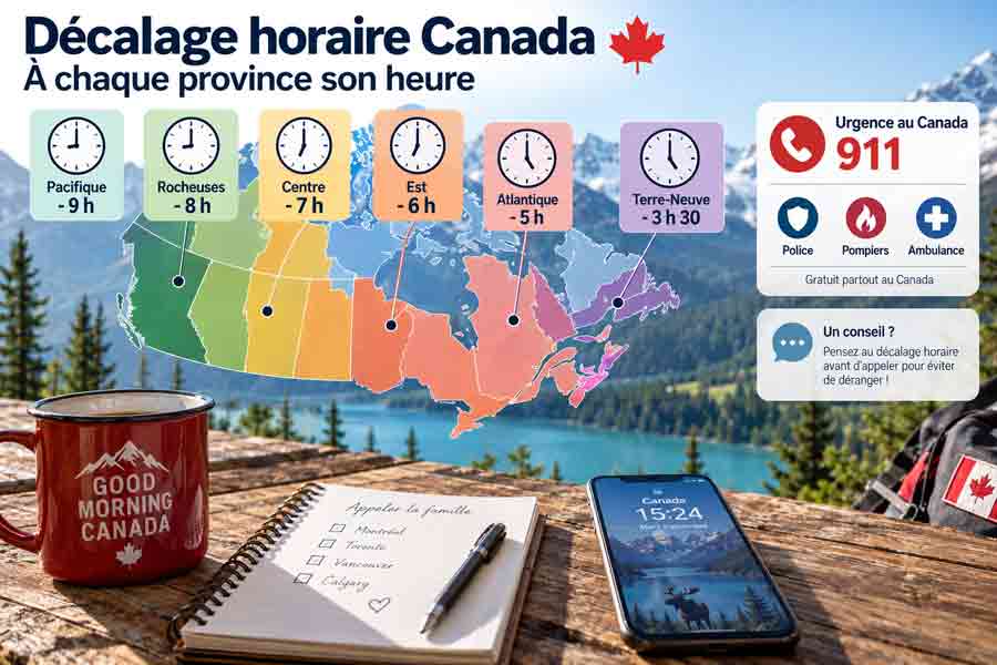 Les six fuseaux horaires du Canada et le numéro d'urgence 911, illustrés avec une tasse « Good Morning Canada » et un carnet d'appels sur une table en bois