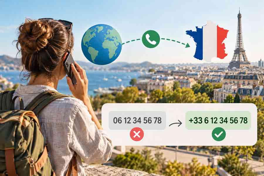 Voyageuse au téléphone face à une ville côtière, illustrant l'indicatif France +33 avec la conversion du numéro 06 12 34 56 78 en +33 6 12 34 56 78 pour appeler depuis l'étranger