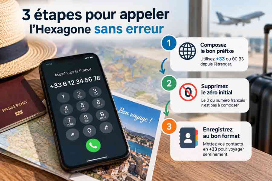 Infographie des 3 étapes pour composer l'indicatif France sans erreur : le +33, la suppression du zéro initial et l'enregistrement des contacts au bon format, illustrée par un smartphone affichant un appel vers la France posé sur un passeport et une carte de voyage