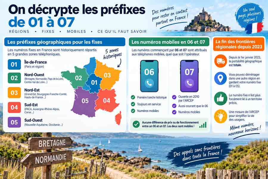 Infographie détaillant l'indicatif France et ses préfixes de 01 à 07, avec la carte des 5 zones géographiques historiques, les numéros mobiles en 06 et 07, et la fin de la portabilité régionale depuis 2023, sur fond de côte bretonne et panneaux indiquant Bretagne et Normandie