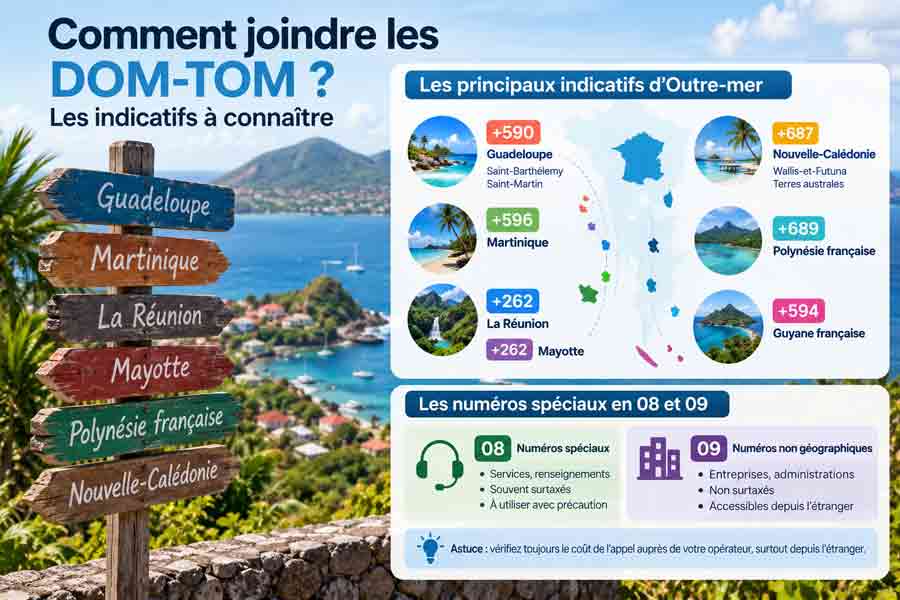 Infographie présentant, au-delà de l'indicatif France, les indicatifs téléphoniques des DOM-TOM (Guadeloupe, Martinique, La Réunion, Mayotte, Polynésie française, Nouvelle-Calédonie) ainsi que les numéros spéciaux en 08 et 09, illustrée par un panneau directionnel multicolore face à une baie tropicale