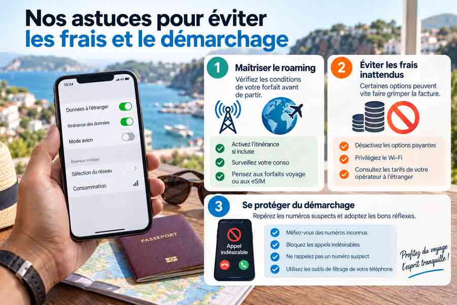 Infographie de conseils pour maîtriser le roaming, éviter les frais inattendus et se protéger du démarchage téléphonique, avec une main tenant un smartphone affichant les réglages d'itinérance, un passeport et des lunettes de soleil posés sur une carte face à la mer