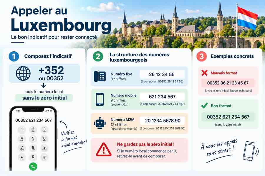 Infographie indicatif Luxembourg +352 : composer le numéro sans le zéro initial, structure des numéros fixes, mobiles et M2M