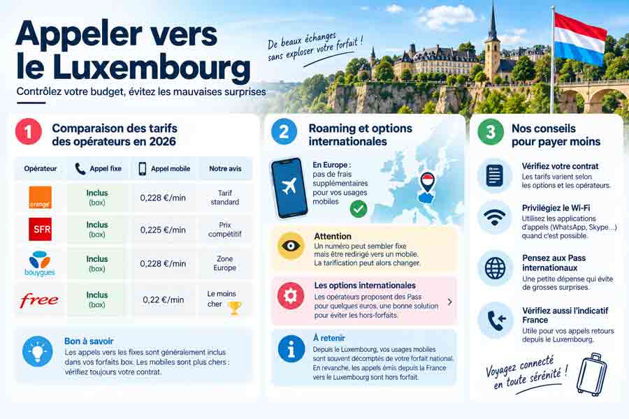 Comparatif tarifs opérateurs pour appeler le Luxembourg en 2026, roaming européen et conseils pour réduire sa facture