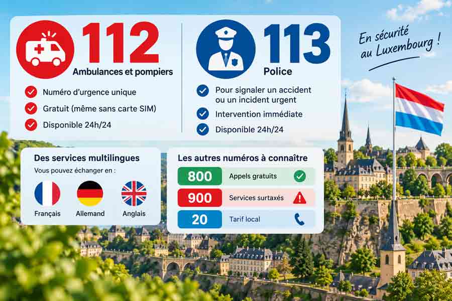 Numéros d'urgence au Luxembourg : 112 pour ambulances et pompiers, 113 pour la police, services multilingues et préfixes 800/900/20