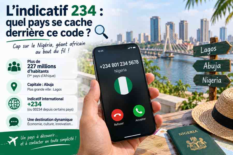 Infographie indicatif 234 du Nigéria avec smartphone affichant un appel entrant, skyline de Lagos, panneaux Lagos Abuja Nigeria et passeport nigérian