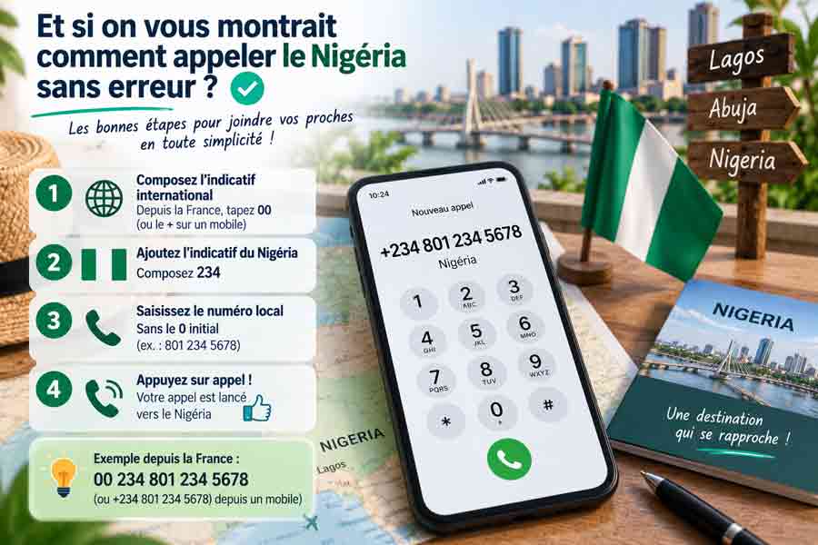 Infographie en 4 étapes pour composer un numéro nigérian depuis la France avec smartphone, drapeau du Nigéria, panneaux Lagos Abuja Nigeria et carnet de voyage