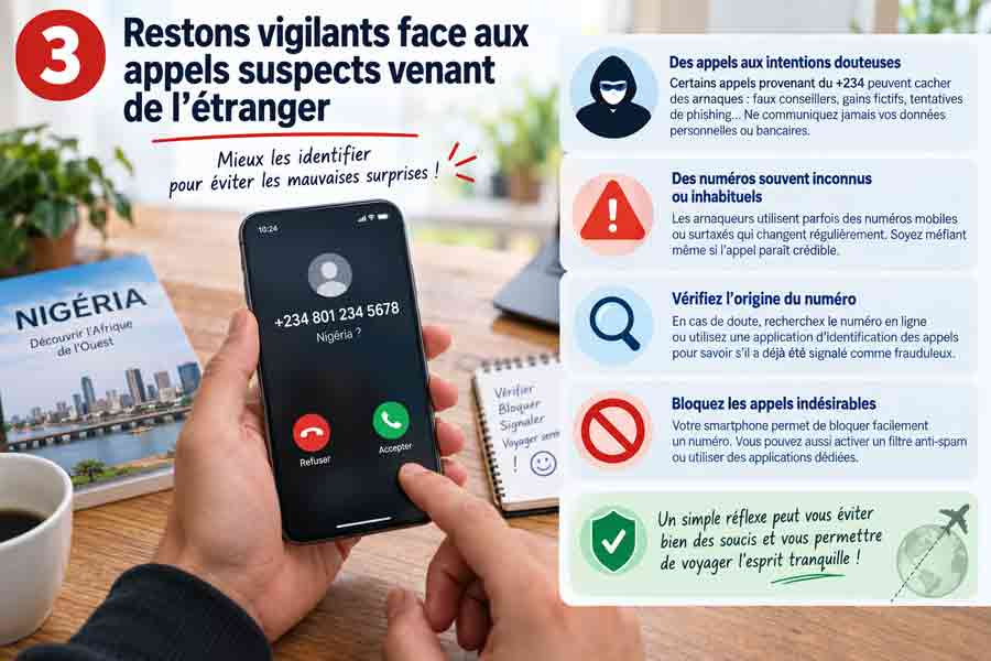 Infographie sur les arnaques téléphoniques avec indicatif 234, smartphone affichant un appel suspect, guide de voyage Nigéria et conseils de vigilance illustrés d'icônes