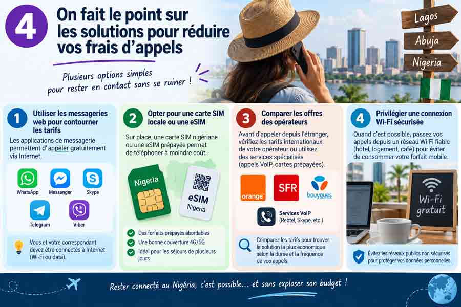 Infographie sur les solutions pour réduire les frais d'appels au Nigéria (indicatif 234) : messageries web, carte SIM locale, opérateurs mobiles et Wi-Fi sécurisé, avec femme au téléphone face à la skyline de Lagos