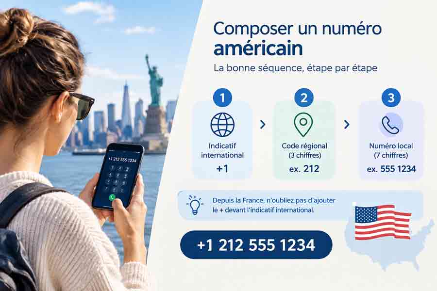 Infographie expliquant les 3 étapes pour composer un numéro avec l'indicatif USA +1 : indicatif international, code régional, numéro local avec une voyageuse devant la skyline de New York.