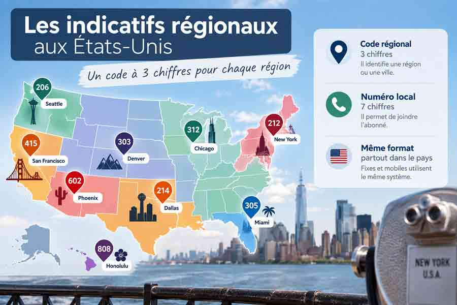 Carte des États-Unis avec les principaux indicatifs USA régionaux (206 Seattle, 415 San Francisco, 212 New York, 305 Miami, etc.) et le format des numéros de téléphone.