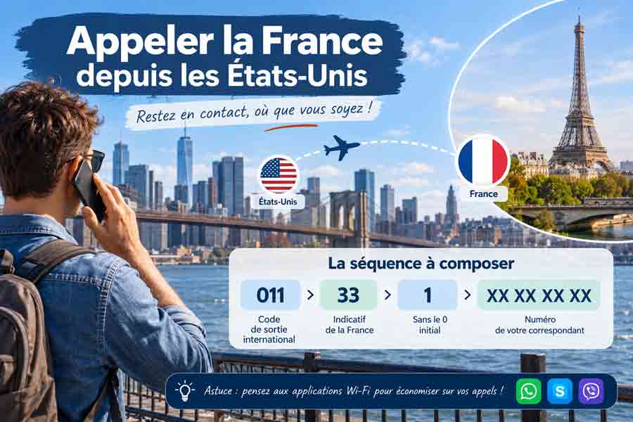 Infographie sur la séquence pour appeler la France depuis les USA : 011, 33, puis le numéro sans le 0, avec un voyageur au téléphone devant New York et Paris.