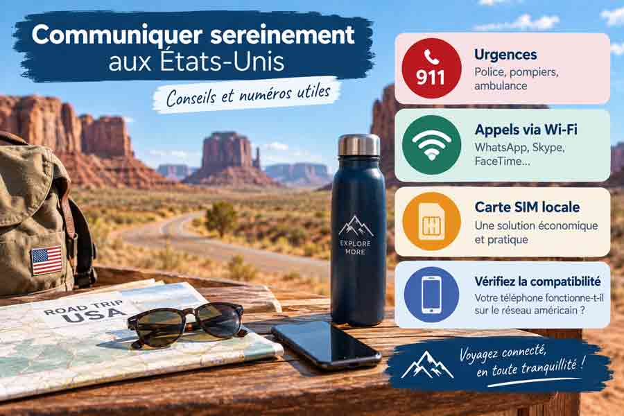 Infographie sur les conseils de communication aux USA : numéro d'urgence 911, appels Wi-Fi, carte SIM locale, avec du matériel de road trip devant un paysage désertique.