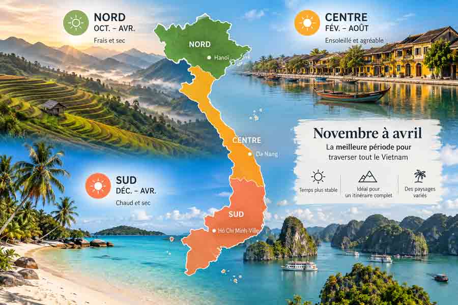 Carte pour savoir quand partir au Vietnam : Nord en vert (octobre à avril), Centre en jaune (février à août) et Sud en orange (décembre à avril), entourée de rizières, de plages et de la baie d'Ha Long