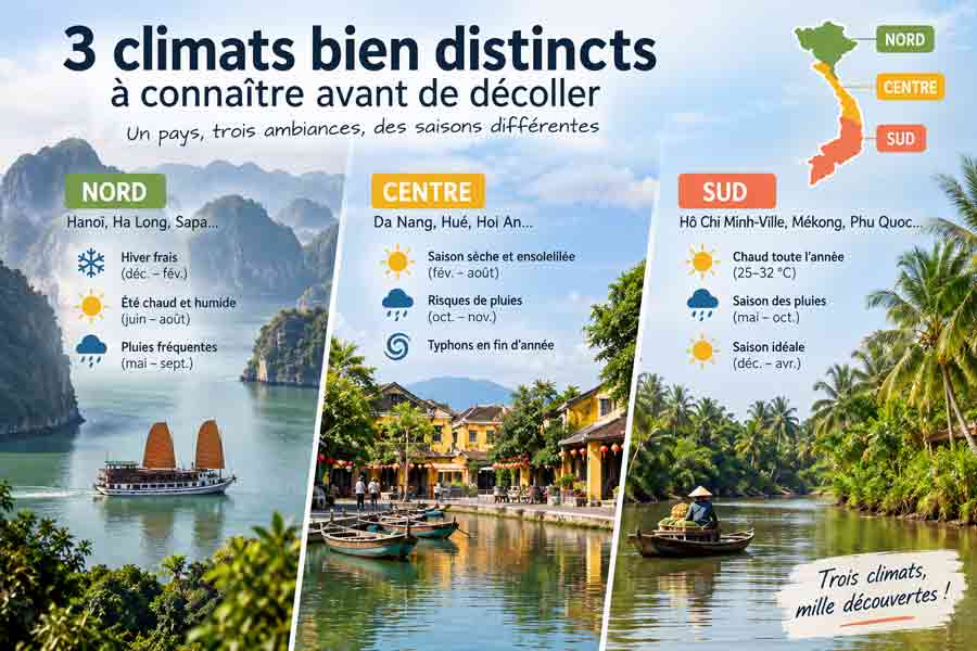 Infographie sur les 3 climats du Vietnam pour choisir quand partir : Nord, Centre et Sud, avec une jonque à Ha Long, des barques à Hoi An et une pirogue sur le Mékong