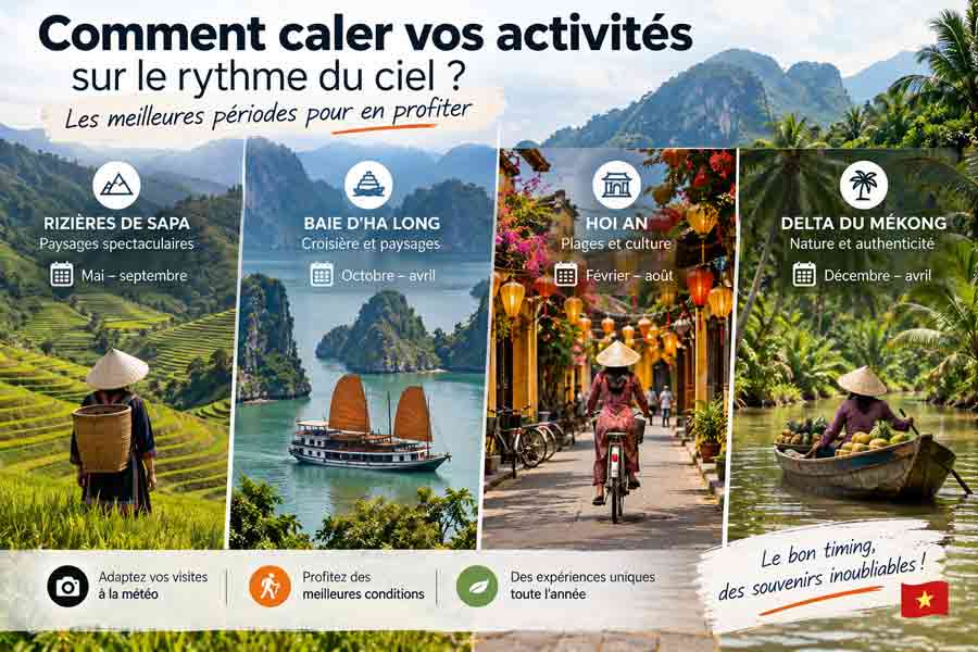 Infographie des meilleures périodes par activité au Vietnam : rizières de Sapa, croisière en baie d'Ha Long, Hoi An et delta du Mékong