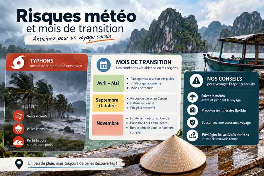 Infographie des risques météo au Vietnam : typhons de septembre à novembre, mois de transition et conseils pour savoir quand partir au Vietnam