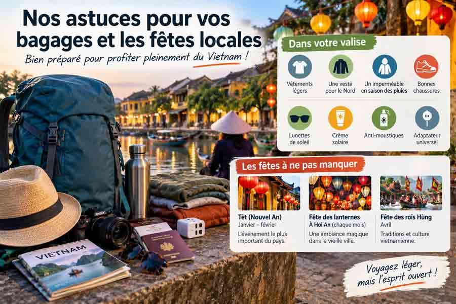 Infographie de conseils pour préparer sa valise et choisir quand partir au Vietnam selon les fêtes locales : Têt, fête des lanternes à Hoi An et fête des rois Hùng