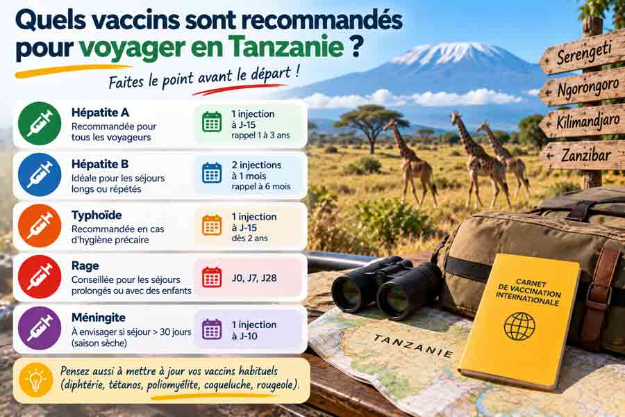 Infographie récapitulative des vaccins recommandés pour voyager en Tanzanie : hépatite A, hépatite B, typhoïde, rage et méningite, avec le Kilimandjaro et des girafes du Serengeti en arrière-plan