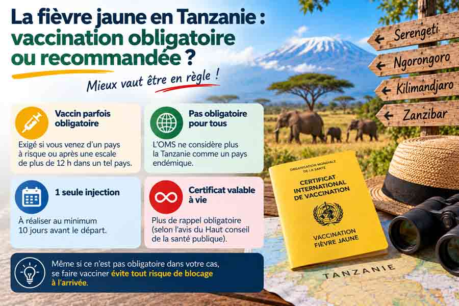 Infographie sur la vaccination contre la fièvre jaune en Tanzanie : conditions d'obligation, schéma vaccinal en une injection et validité à vie du certificat, avec des éléphants au pied du Kilimandjaro