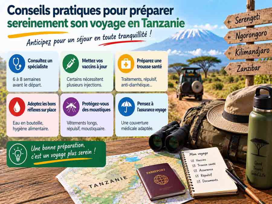 Infographie récapitulative des conseils pratiques avant un voyage en Tanzanie : consultation médicale, vaccin Tanzanie, trousse santé et assurance voyage, avec passeport, carte et jeep de safari